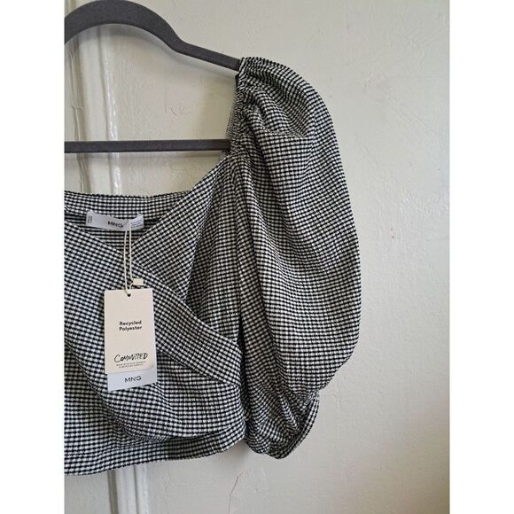 Mng Womens Small BALOON PUFFER SLEEVE crop Top Black White Gingham Plaid shirt - Picture 2 of 7